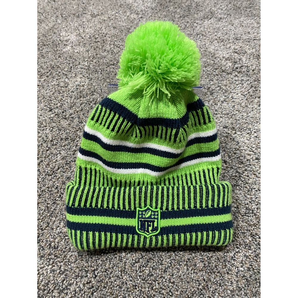 New Era Beanie Youth OSFM Green Excellent Seattle Seahawks NFL Pom Knit Hat - Picture 2 of 3